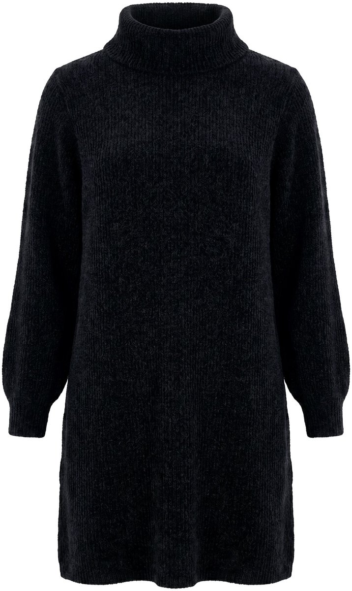 Ulla Popken - Dames - Gebreide jurk chenille A-lijn col lange mouwen - Zwart - Maat 42+