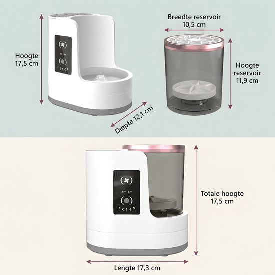 Afmetingen van witte elektrische make-upkwastenreiniger met transparante container, met markeringen voor hoogte, diepte en breedte.