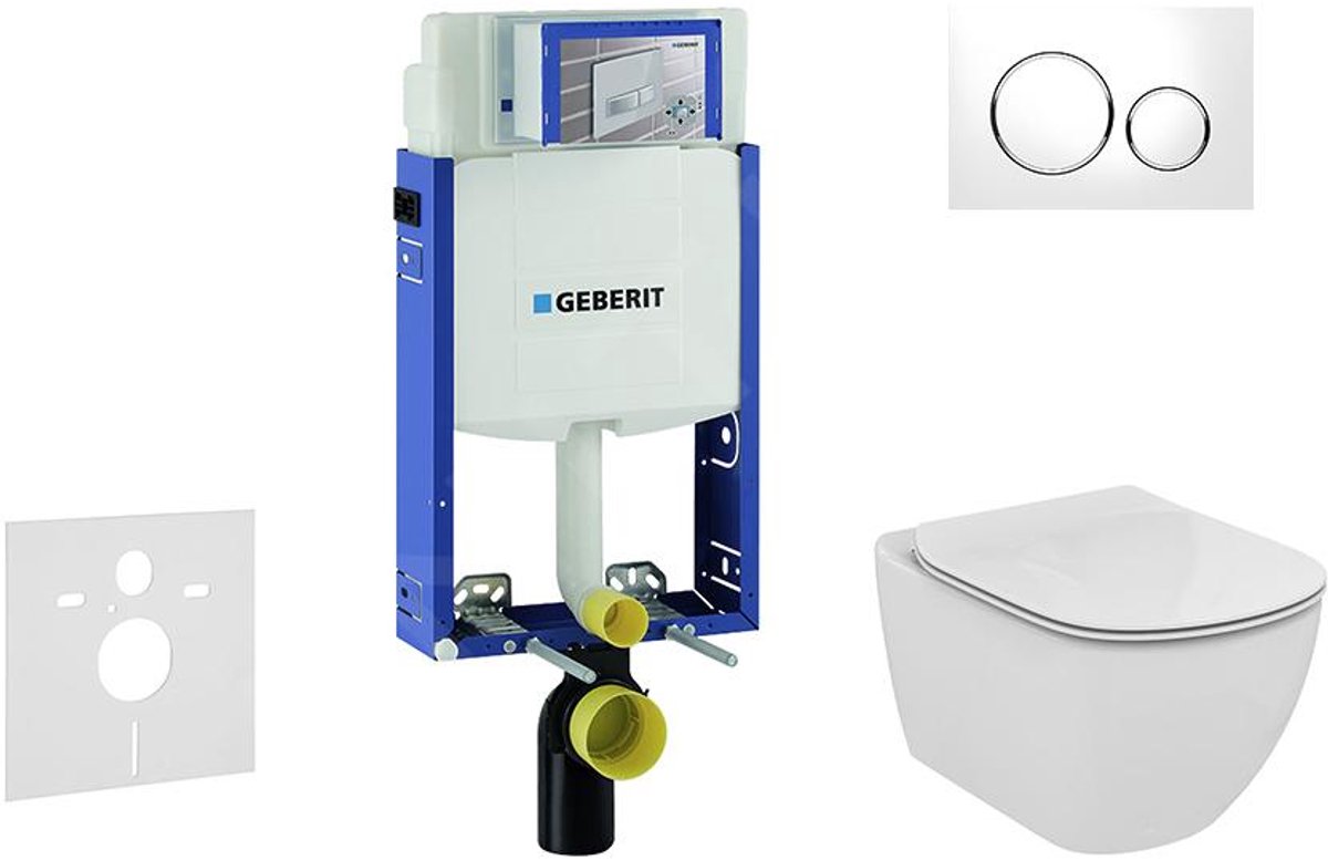 Inbouwreservoir voor hangend toilet met SIGMA20 bedieningsknop, wit/glanzend chroom + Ideal Standard Tesi - hangend toilet en wc-bril, Aquablade, SoftClose