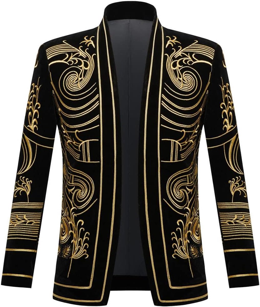 Zwarte fluwelen blazer, gouden borduursel, Court Prince stijl kostuumjasje