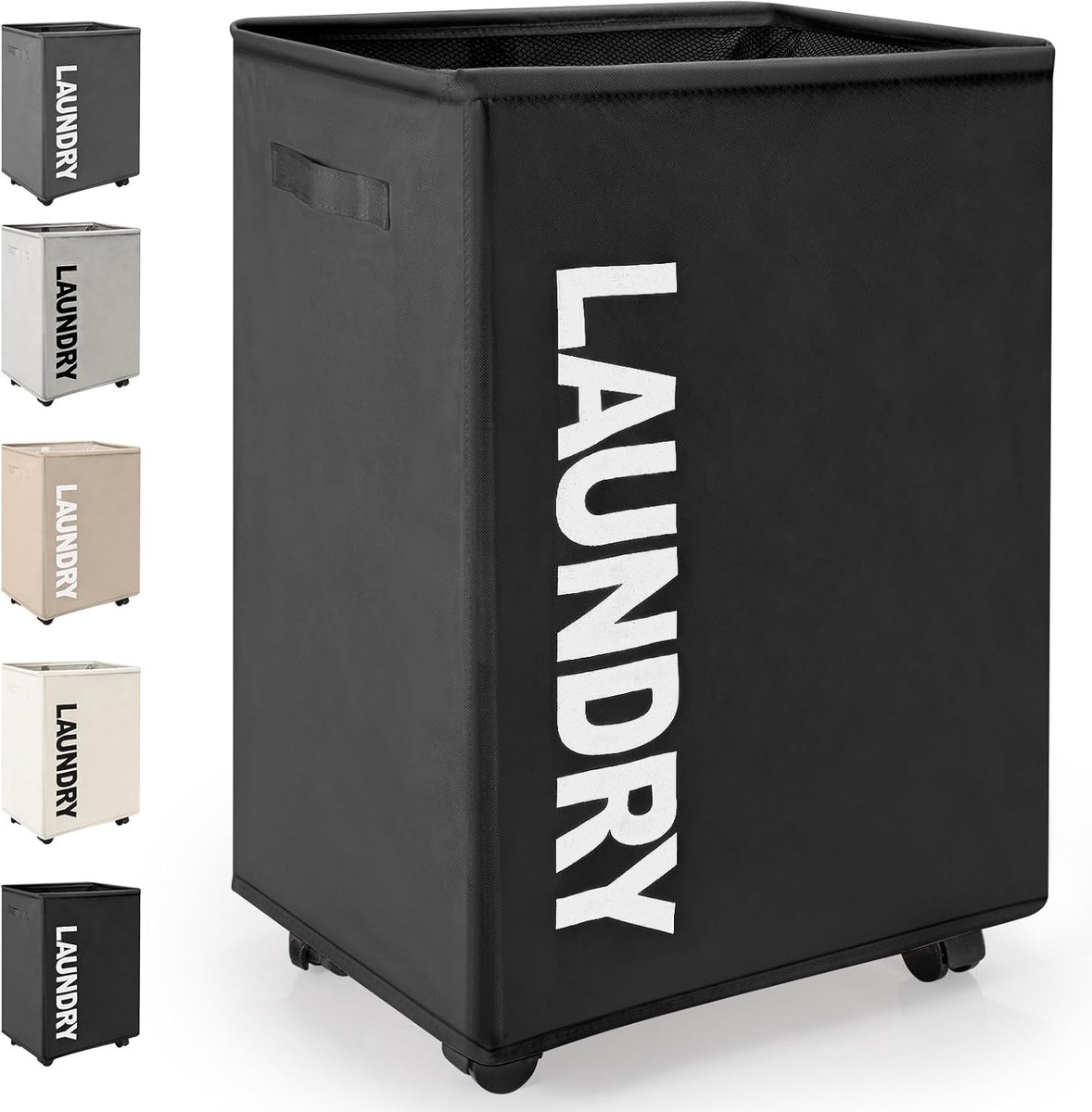 Wasmand met Wieltjes 65L Opvouwbare mobiele wasmand met 4 wielen Opvouwbare Wasverzamelaar Oxford Vuile Kleren Opbergmand Inklapbare Wasmand, Geschikt voor Kleding, Dekens (Zwart)