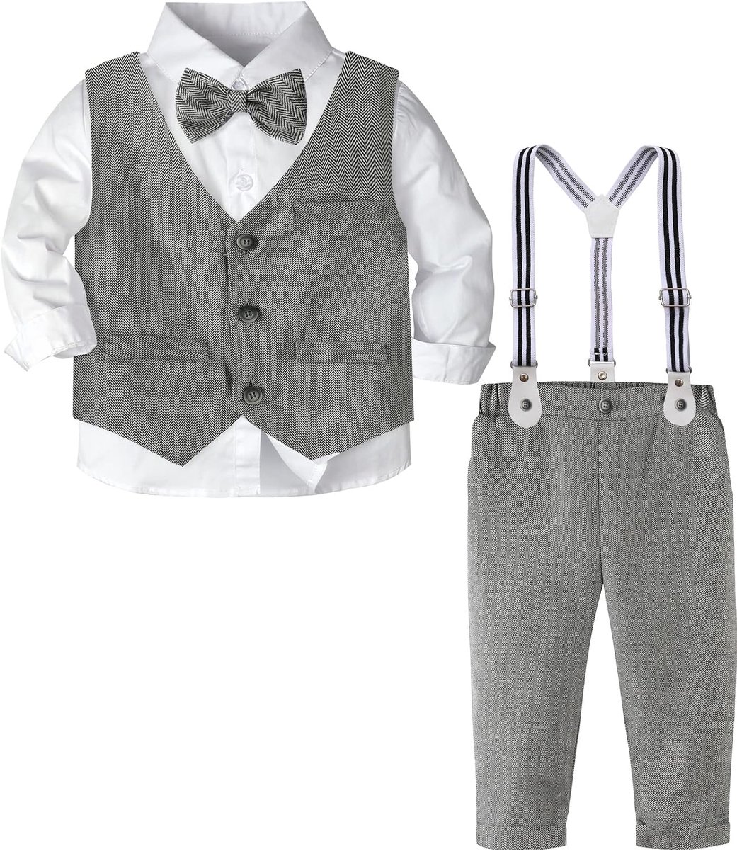 Mintgreen Babykleding voor jongens, 3-delig, met hemd + bretels + vest + vlinderdas