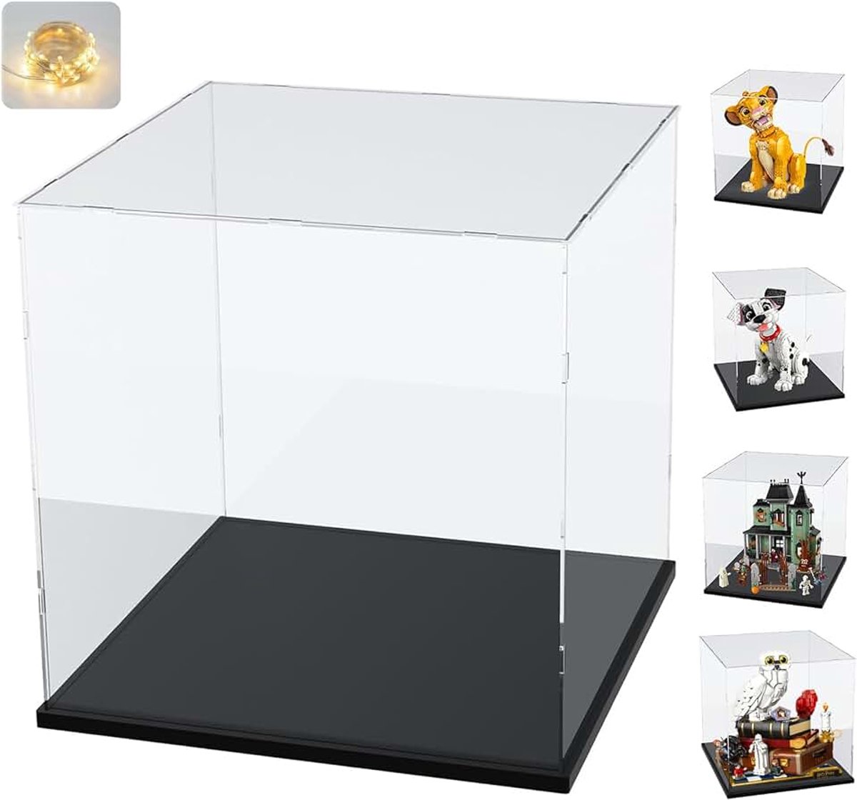 Vitrine voor LEGO Simba 43247 21341 76781 voor voetbal, glazen vitrine acryl doos transparante kubus voor figuren collectibles | met hout-plastic basis, zwart binnen 30x30x30cm