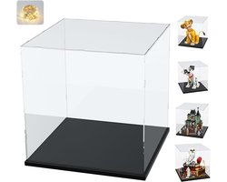 Vitrine voor LEGO Simba 43247 21341 76781 voor voetbal, glazen vitrine acryl doos transparante kubus voor figuren collectibles | met hout-plastic basis, zwart binnen 30x30x30cm