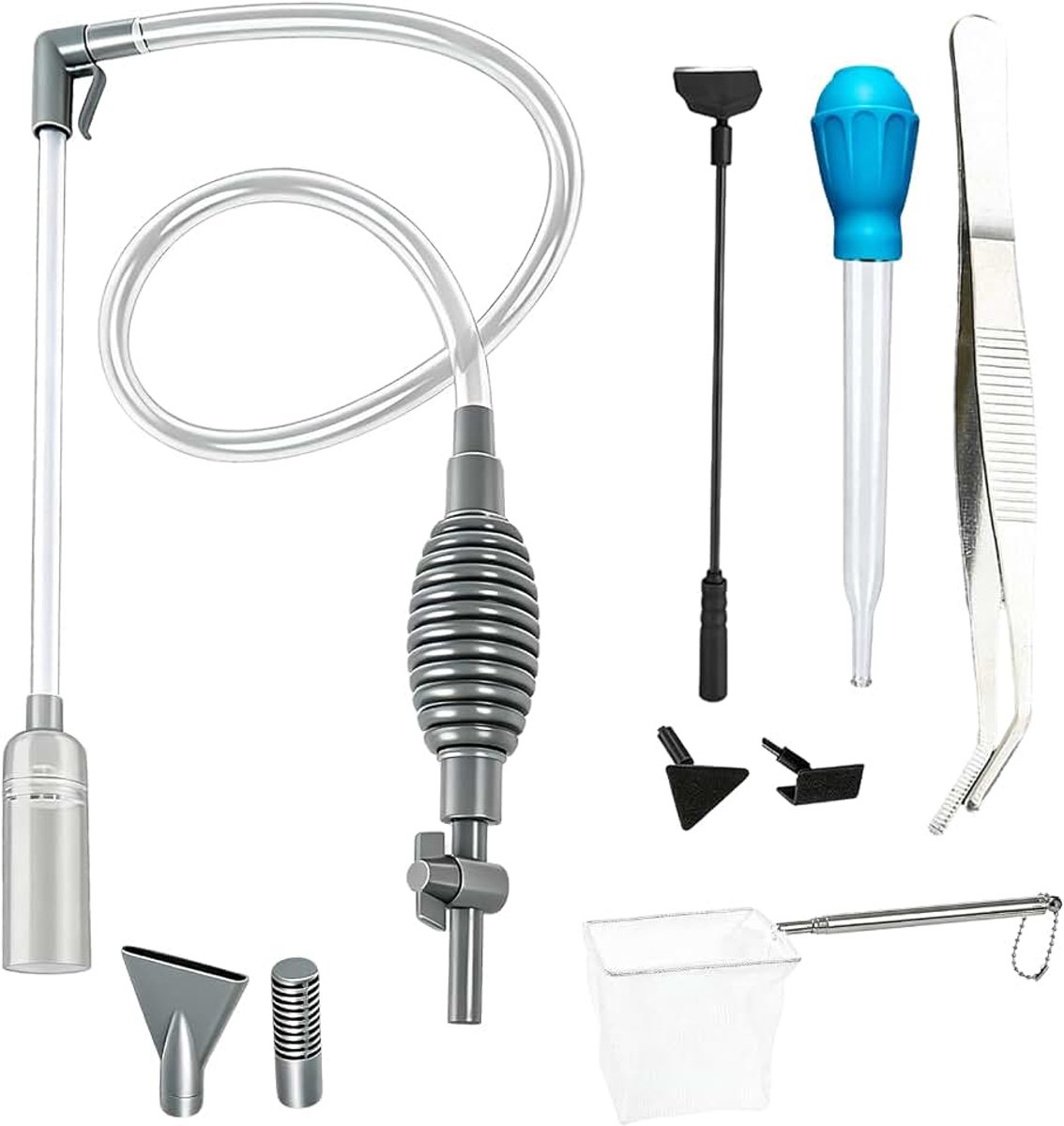 5-delige aquariumreinigingsset met 3 opzetstukken en reinigingsaccessoires | 1,7 m mulmzuiger aquarium met handpomp, voor waterverversing (aquariumzuiger, schraper, pipet, visnet, pincet)