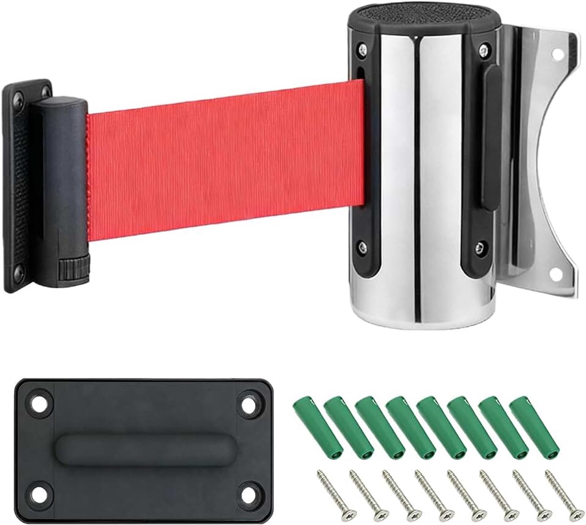 Afsluitband, 5 m, roestvrijstalen vergrendeling, uittrekbaar, wandhouder, afsluitband, roestvrijstalen afbakeningsband, wandmontage, functionele nylon houder, duurzame wandhouder