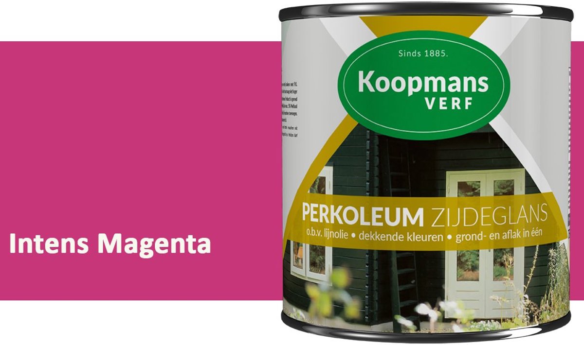 Koopmans Perkoleum Zijdeglans Dekkend – Houtverf Buiten – Dekkende Beits voor Schutting & Gevel – Elastisch & Weerbestendig – 750 ml – Intens Magenta