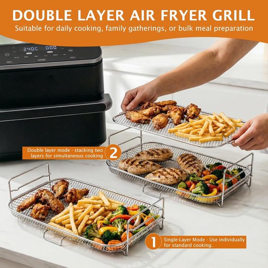 Accessoires luchtfriteuse voor Ninja Foodi FlexDrawer 10,4 l AF500EU, roestvrij stalen grillrooster voor CosorI 10 liter Dual Blaze TwinFry, airfrygrill, roasting rek — afbeelding 3