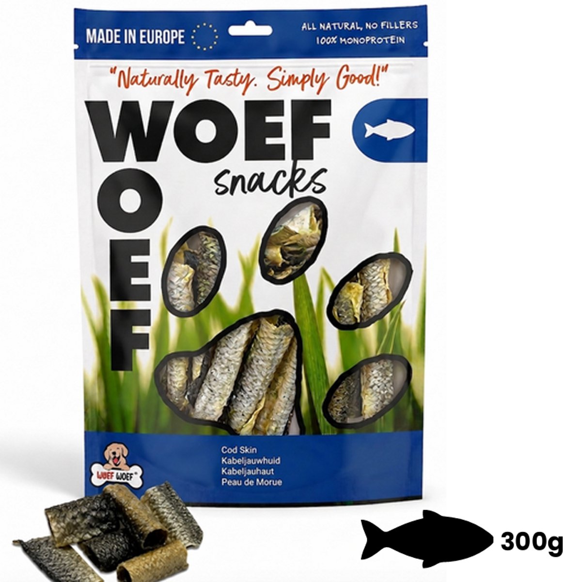 Woef Woef Snacks Hondensnacks Kabeljauwhuid - 0.30 KG - Verwensnacks - Gedroogd vlees - Kabeljauw - Vanaf 3 maanden - Geen toevoegingen