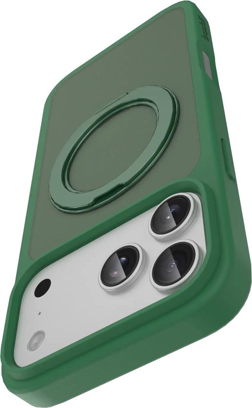 Groen telefoonhoesje met een magsafe ring en zicht op de cameralens.