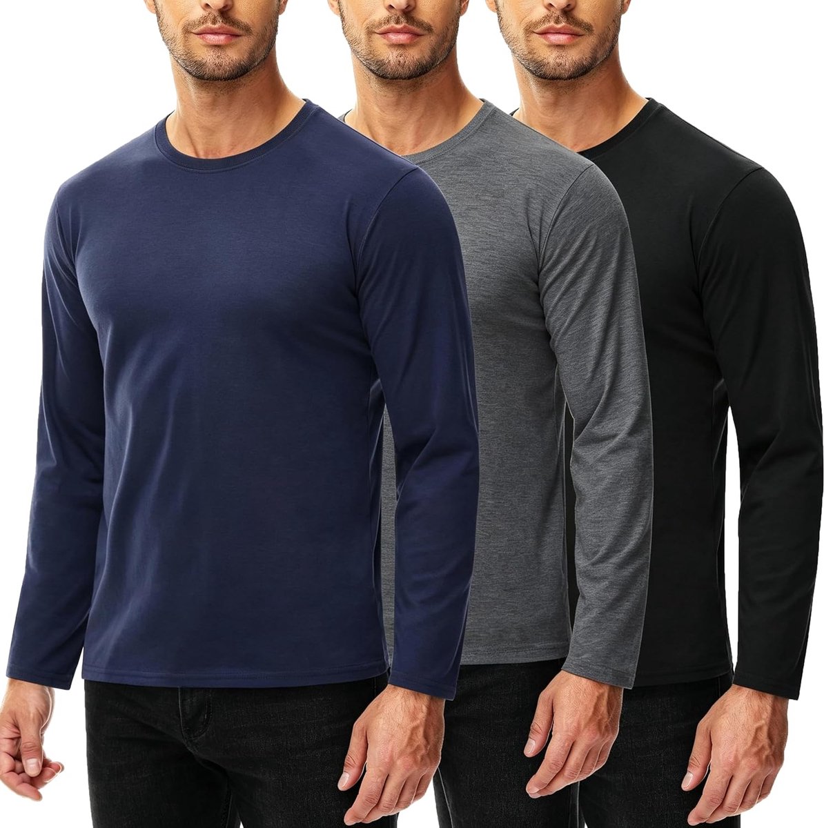 Shirt met lange mouwen voor heren 100% katoen 3 Pack T-shirt ronde hals basic mesh katoen lange mouwen shirt longsleeve mannen