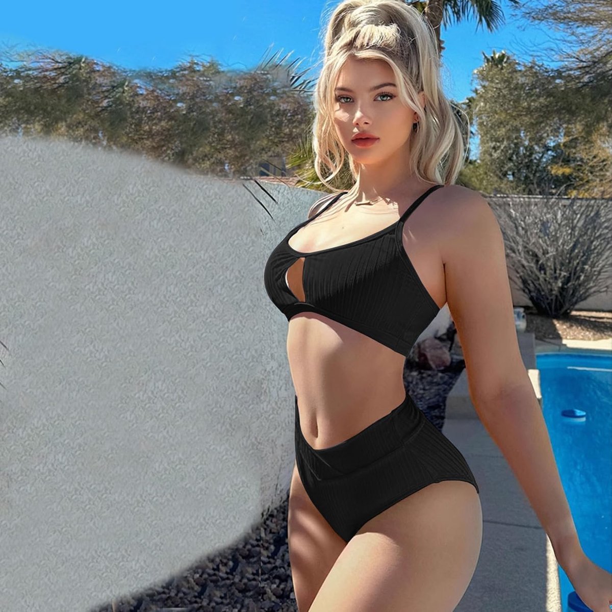 Bikini Set U-hals Getextureerd Cutout Badpak Hoge Taille Tweedelige Strandbikini Zwempak Zwart
