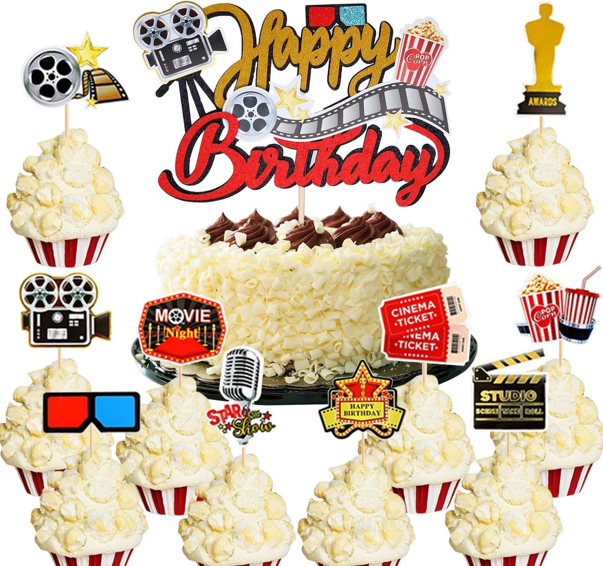 21 Stuks Film Cake Decoraties, Bioscoop Cupcake Toppers, Accessoires voor Camera, Popcorn, Decoraties Retro Thema, Film Thema Party
