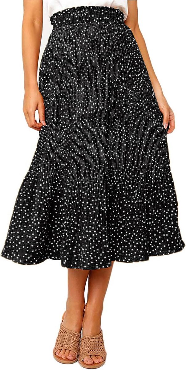 Midirok voor dames, plisseerrok met 2 zakken, polkadots, lange hoge taille, maxi-rok, zomer, elastische tailleband, luchtige zomerrok