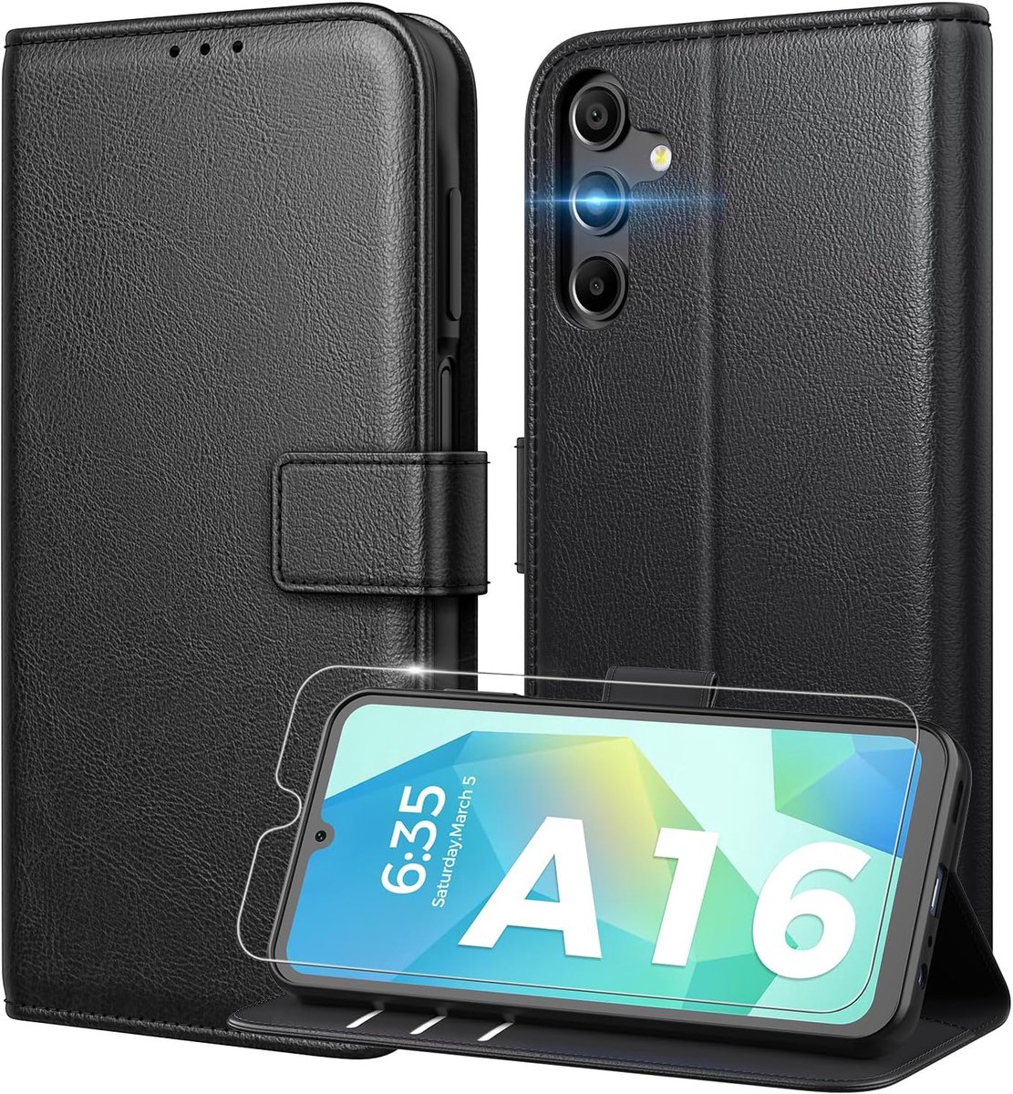 Telefoonhoes voor Samsung Galaxy A16 5G, hoes [met 1 stuk gehard glas bescherming] [premium PU-leer] [RFID-blokkering] [kaartvak] klaphoes, compatibel met Galaxy A16 5G / A16 4G - Zwart