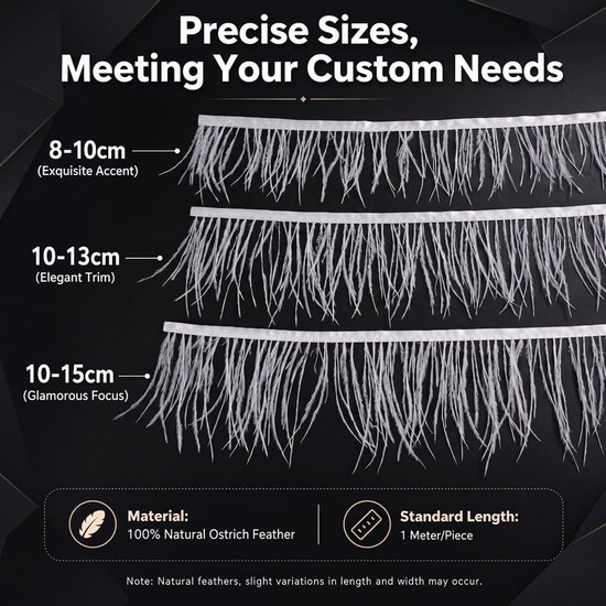 1 m natuurlijke struisvogelveren, rand pluche veerband om te knutselen, veren, franjes, met satijnen lint voor doe-het-zelf naaien, hoed, kleding, kostuumdecoratie, zwart, 8-10 cm — afbeelding 4