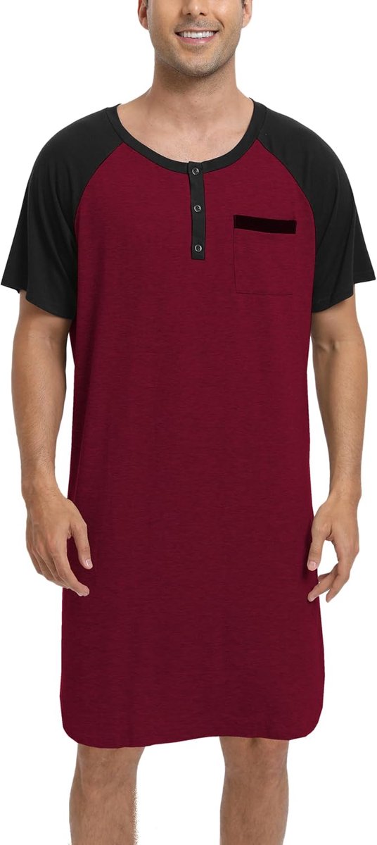 Nachthemd voor heren, pyjama-tops, T-shirt, knielang, V-hals, met knopen, korte mouwen, binnenkleding, zacht, comfortabel, grote maat M-4XL