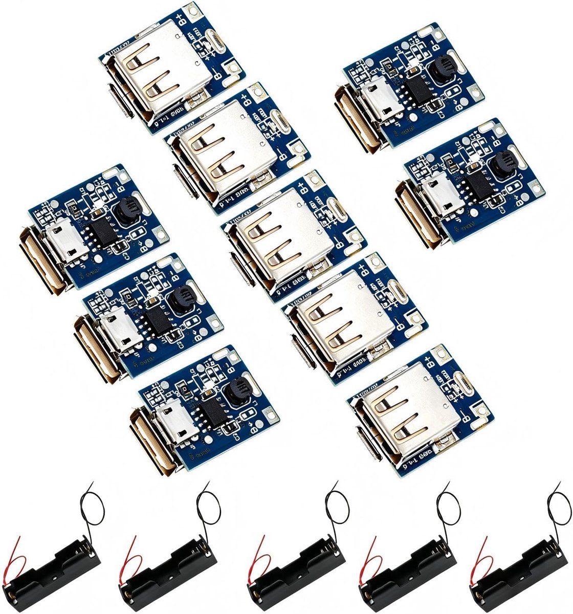 10 stuks 5 V 1 A lithiumbatterij USB laadbeveiligingskaart 134N3P Step Up vermogensmodule voor DIY LED-display en micro-aansluiting + 5 stuks 18650 batterijhouder