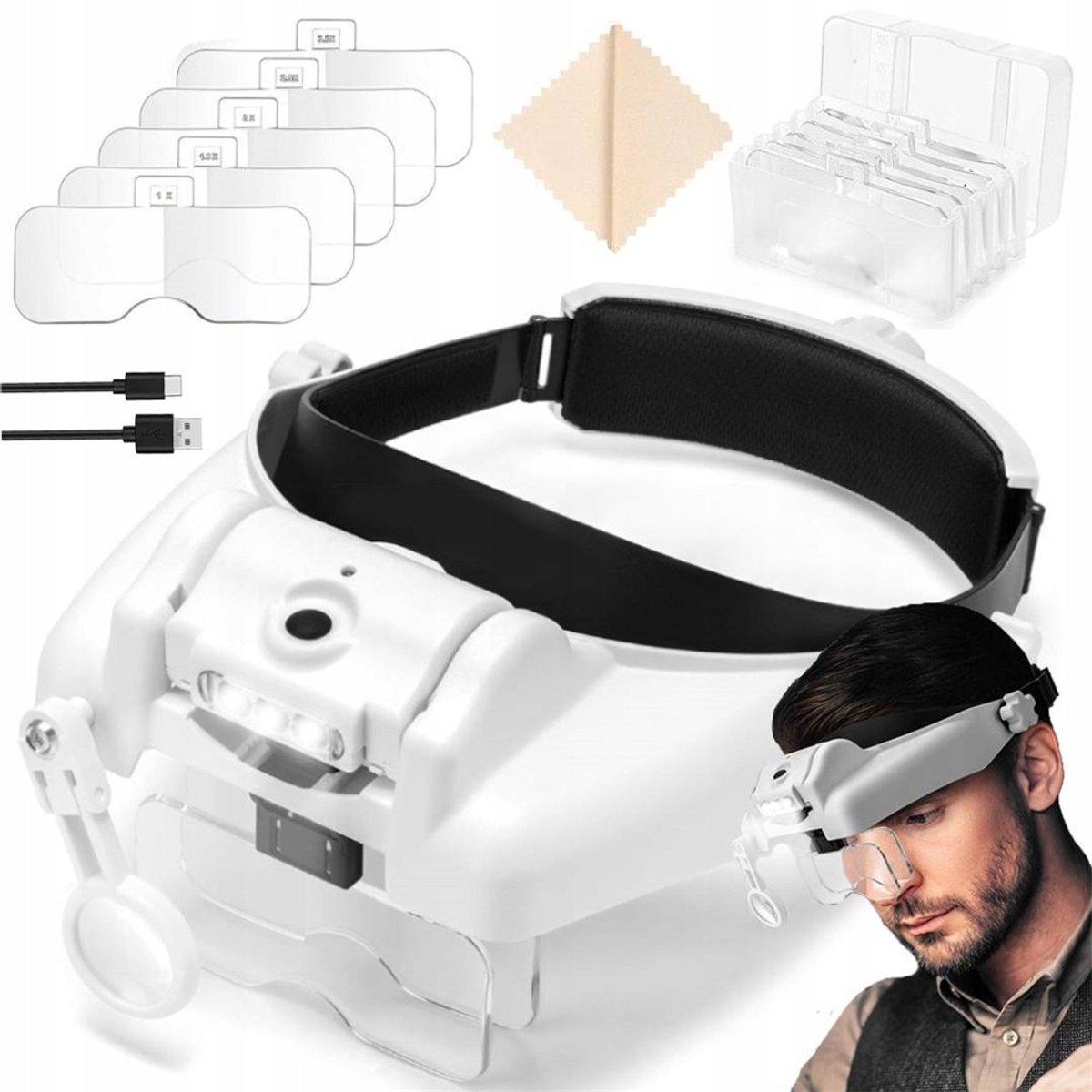 Loeplamp Hoofdband - Loep Bril - Hoofdloep - 1x-14x Vergroting - 3 LED's - USB Oplaadbaar - Verstelbare Hoofdomtrek - Vergrootglas Hoofd - Voor Lassen & Lezen & Knutselen & Precisie