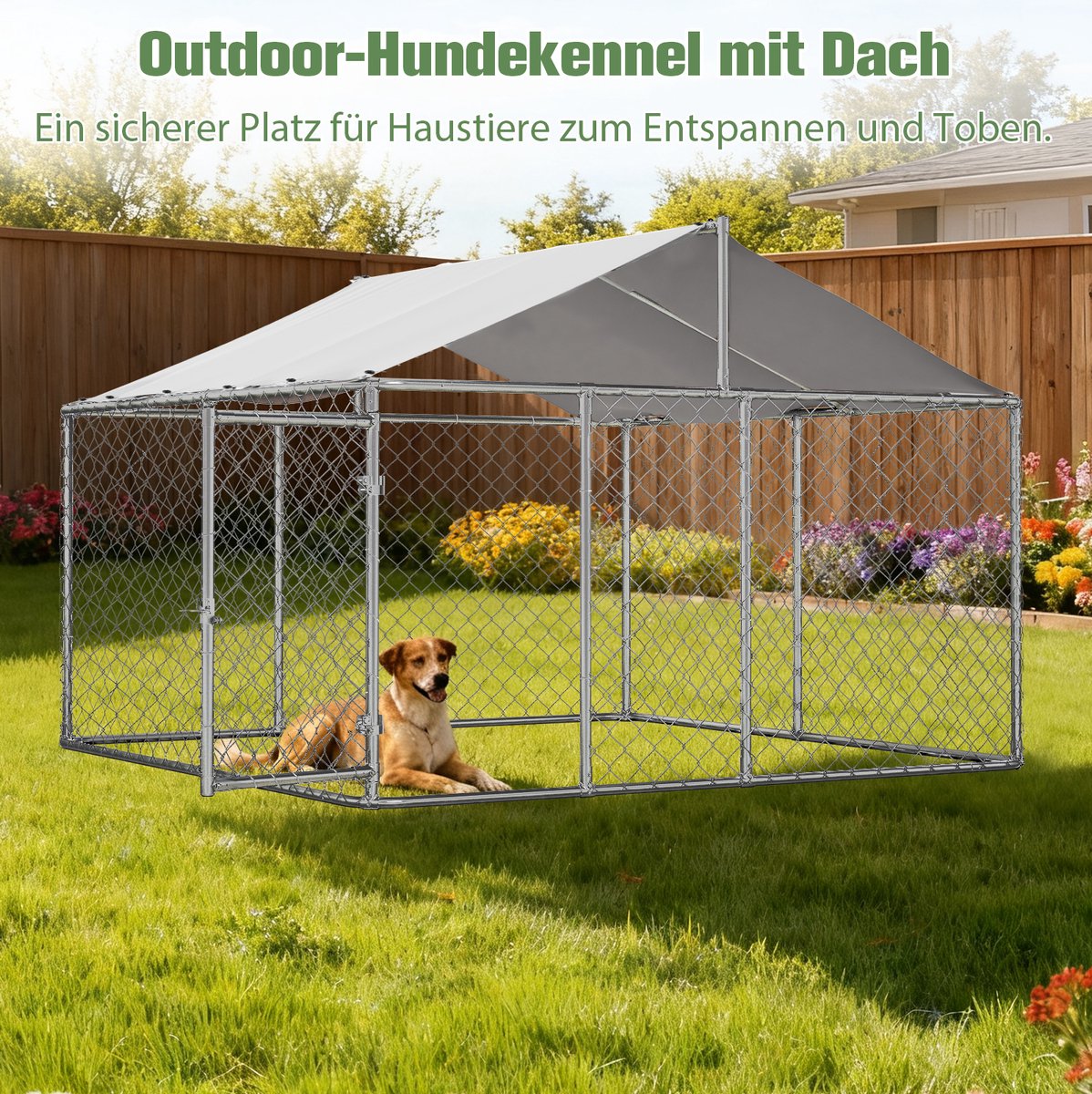 Wishdor Hondenkennel met dak - Verzinkt staal - Vergrendelbare deur - Ruime buitenren voor tuin en terras - UV-bestendige waterdichte afdekking - Zilver - 230 x 230 x 117 cm