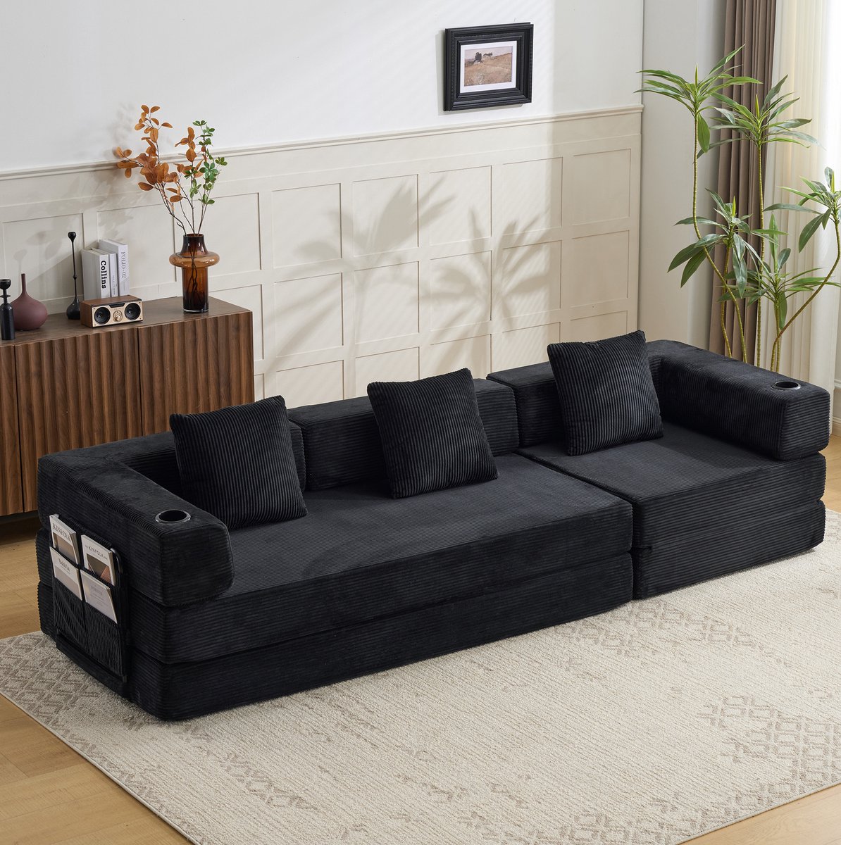 FloraGrace Slaapbank 277,5 x 92,5 x 60 cm - 3-Zits Opvouwbaar Met Bekerhouders En Zijvakken - Voor Woonkamer En Slaapkamer - Ribfluweel - Zwart
