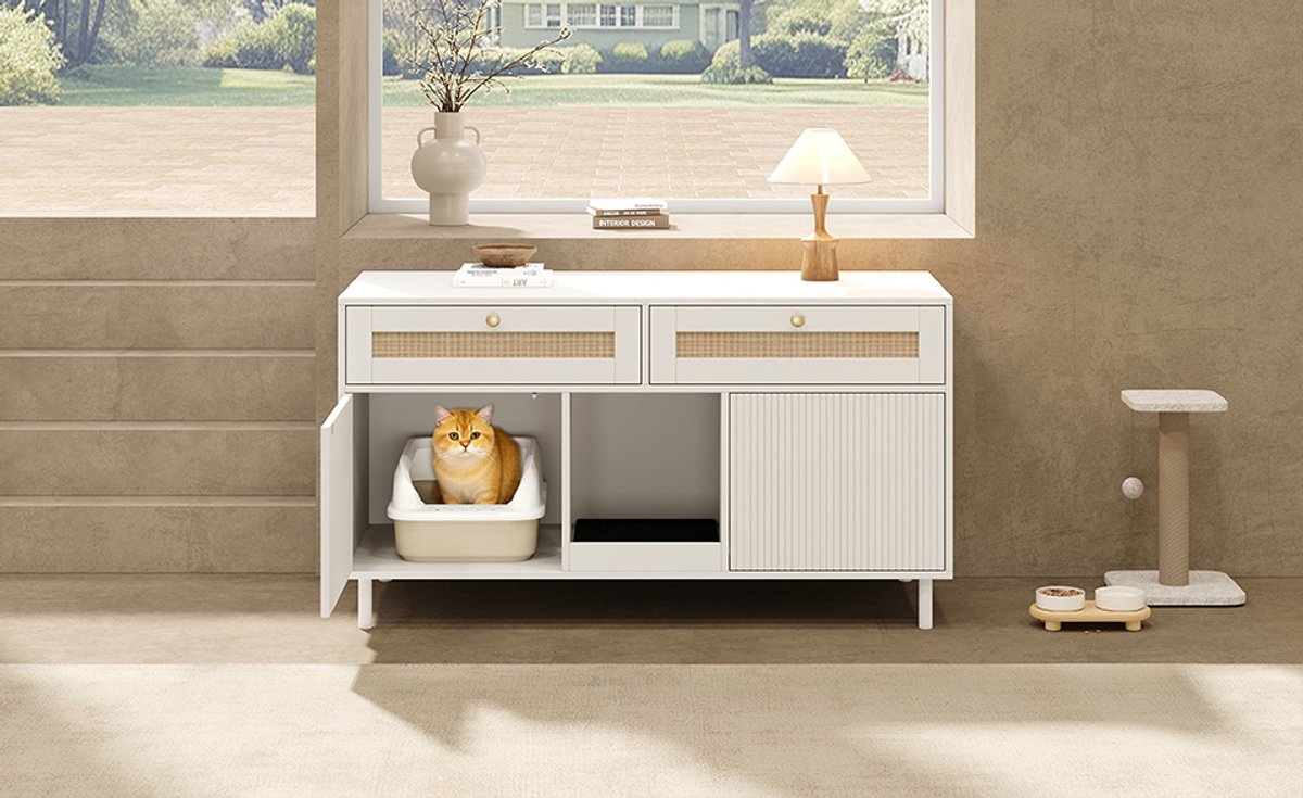 Wishdor Kattentoiletkast - Dubbele deuren en opvangmat - Opberglade - Modern gestreept design - Verborgen kattenbakopstelling - Woonkamer hal entree - MDF - Wit - 120 x 50 x 65 cm