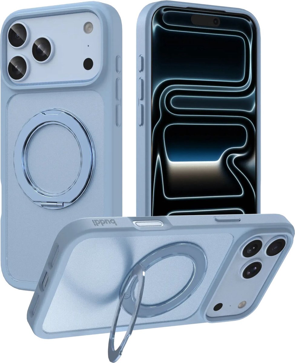 Buddi Frost Hoesje Geschikt voor Apple iPhone 17 Pro Max - Mat Licht Blauw - Met Ring Stand - MagSafe Back Cover - Matchende kleur - Met 360° Draaibare Standaard - Shockproof - Slank