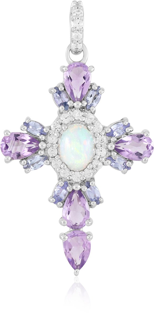 Cavill - Luxe Zilveren Hanger 925 Sterling Zilver Platina Verguld - 0,58 ct Welo Opaal Ovaal Cabochon - Lavendel Amethist & Tanzaniet