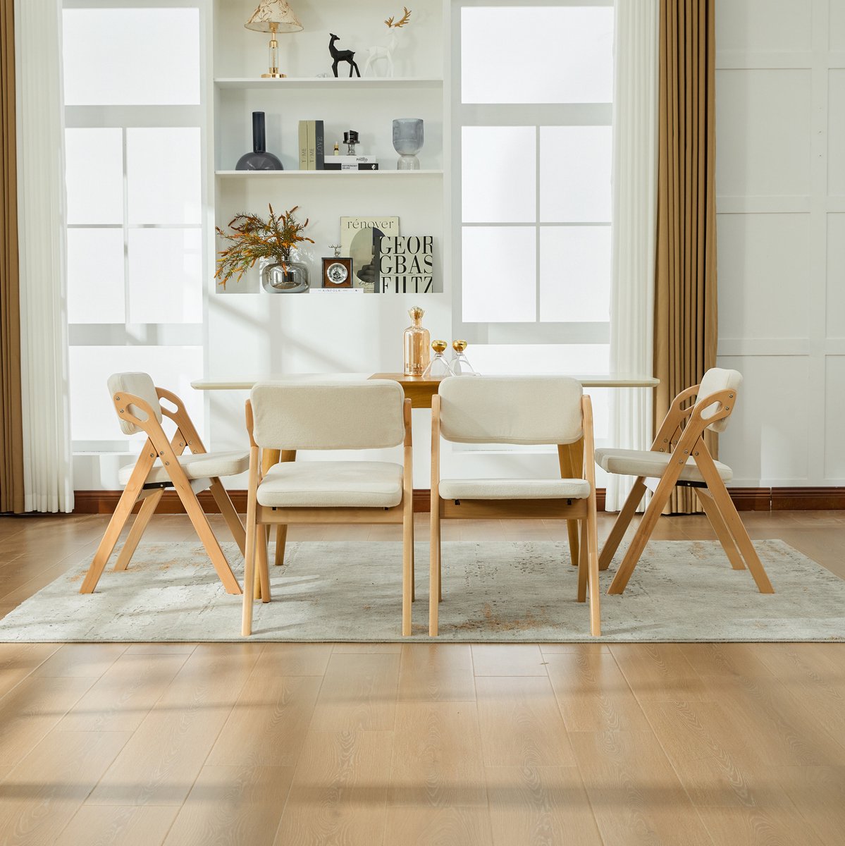 DESMIU Inklapstoel 59 x 52 x 77 cm - Set van 4 - Gestoffeerde Zitting - Ruimtebesparend - Eetkamer En Feest - Hout - Beige