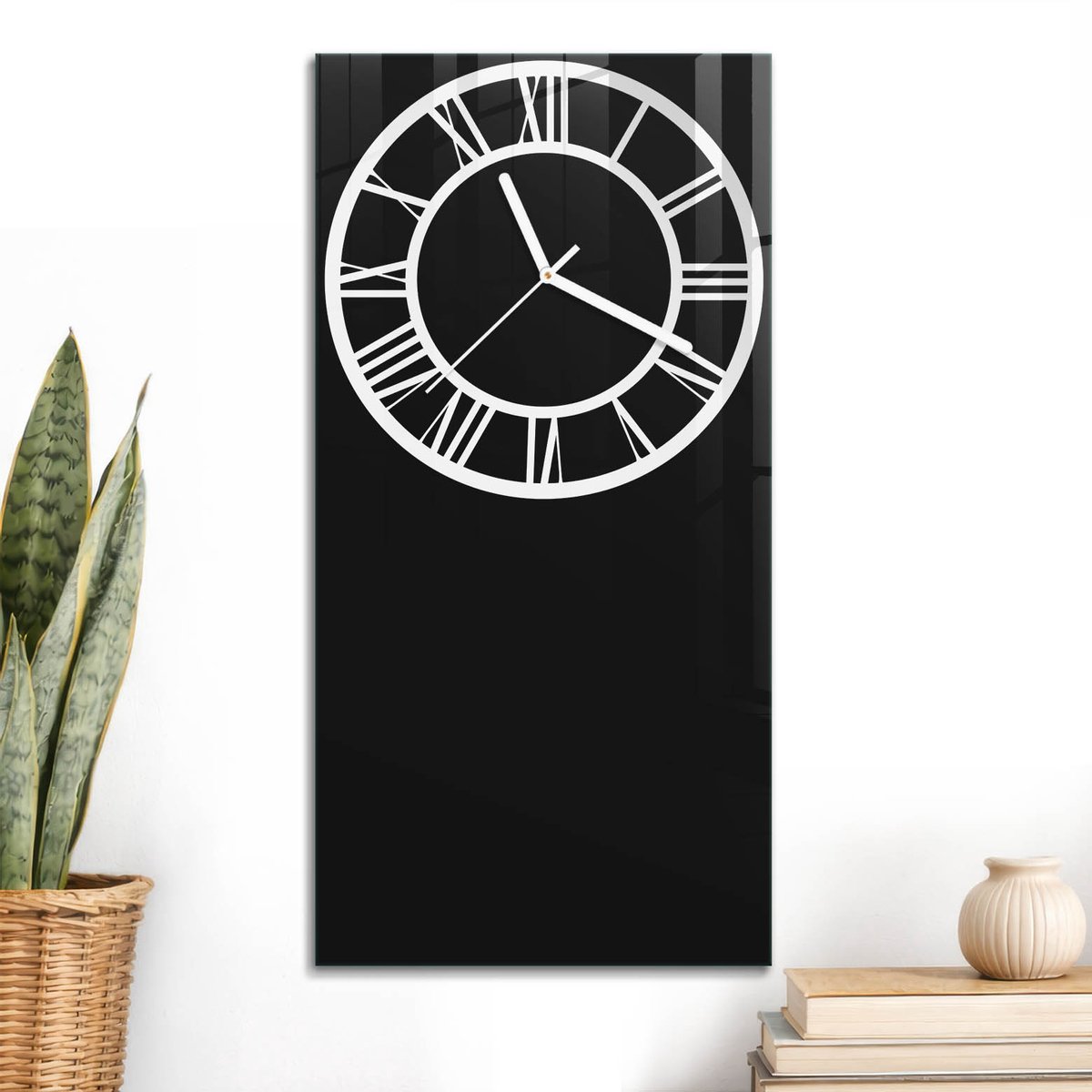 ArtPrintCave Zwart Glazen Klok - 30x60 cm - Rechthoekige Wandklok - Romeinse Klok Stille Wandklok - Geometrische Wandklok Keuken - Witte Klokwijzers