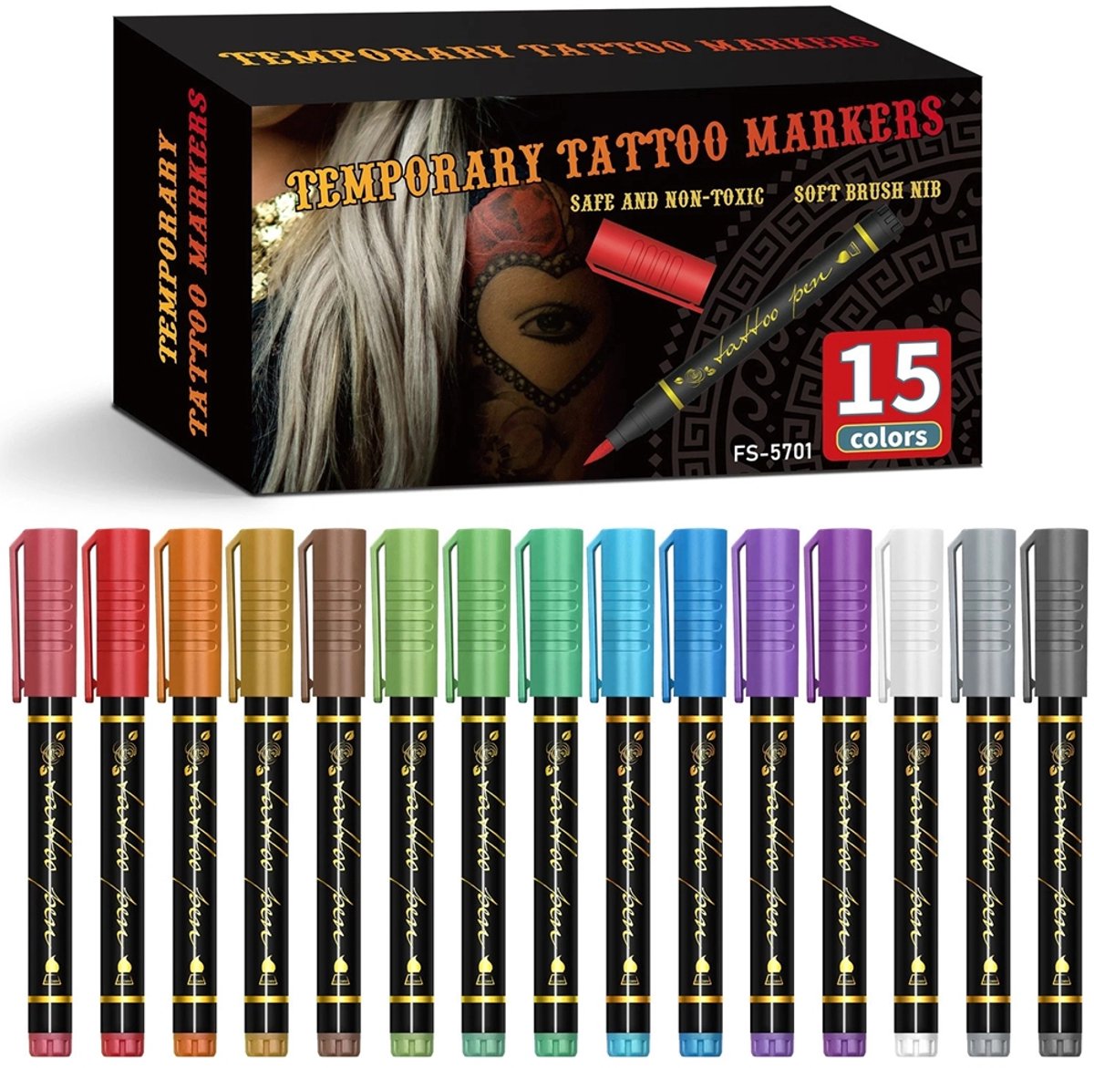 Body Art Markers 15 Kleuren - Dubbelzijdige Tekenmarkers - Fijne & Brede Punt 0,5-5mm - Watergedragen Kleurstiften - Voor Tijdelijke Huidtekeningen, Cosplay, Halloween en Feesten
