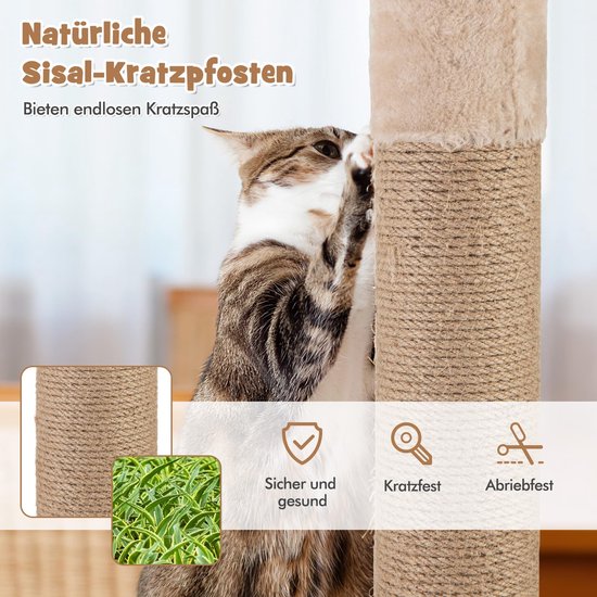 Kattenkrabpaal met sisaltouw, een kat die krabt, met inzetstukken die de sisal en planten tonen.