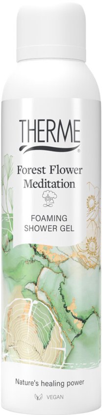 Witte fles met "THERME Forest Flower Meditation" opschrift. Groene, marmerachtige print met gouden bladeren en houtsnerf details. Nature's healing power. VEGAN.