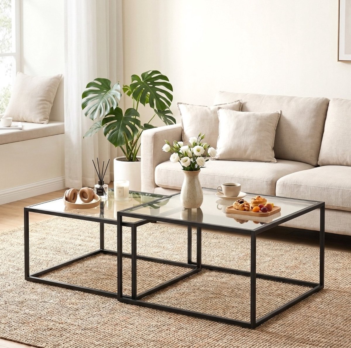 FloraGrace Salontafel Tweedelige Set met Gehard Glas en Metalen Onderstel voor Woonkamer Modern Ontwerp Zwart 75 x 75 x 42 cm