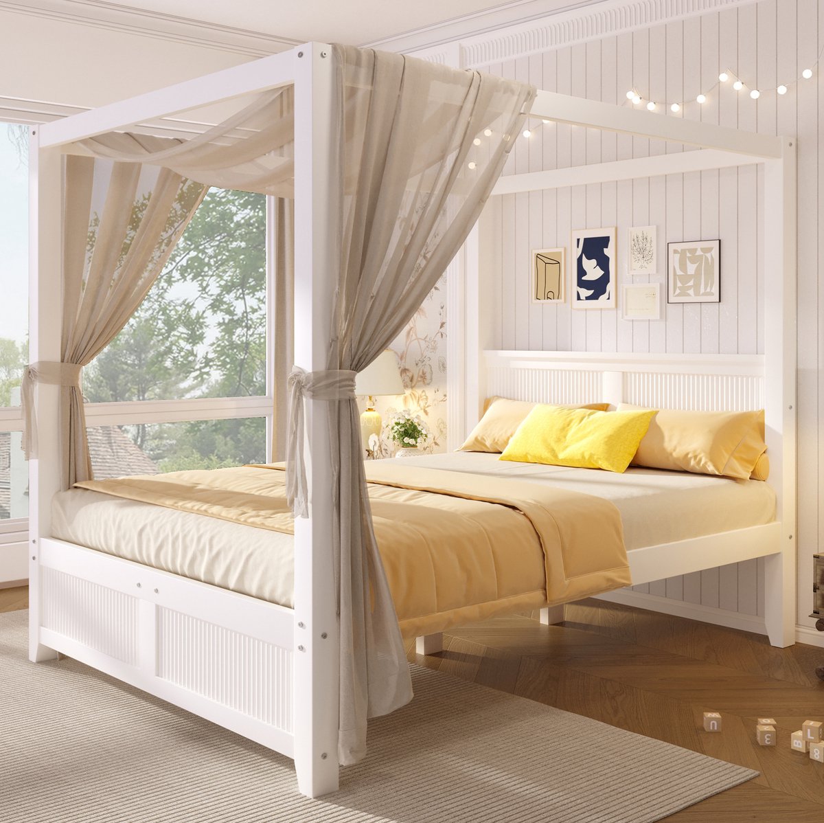 MODENUIT Hemelbed – 140 x 200 cm – Hout en MDF – Wit – Dakframe Met Spijlen en Lattenbodem – Voor Slaapkamer