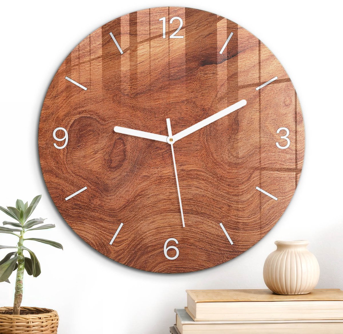 ArtPrintCave Bruin Glazen Klok - Wandklok 30 cm - Muurklok Rond - Houtstructuur Wandklok Keuken - Natuur Unieke Klok - Witte Klokwijzers
