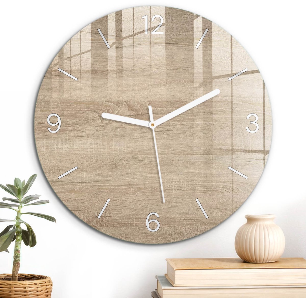 ArtPrintCave Beige Glazen Klok - Wandklok 30 cm - Muurklok Rond - Houtstructuur Unieke Klok - Achtergronden En Patronen Stille Wandklok - Witte Klokwijzers