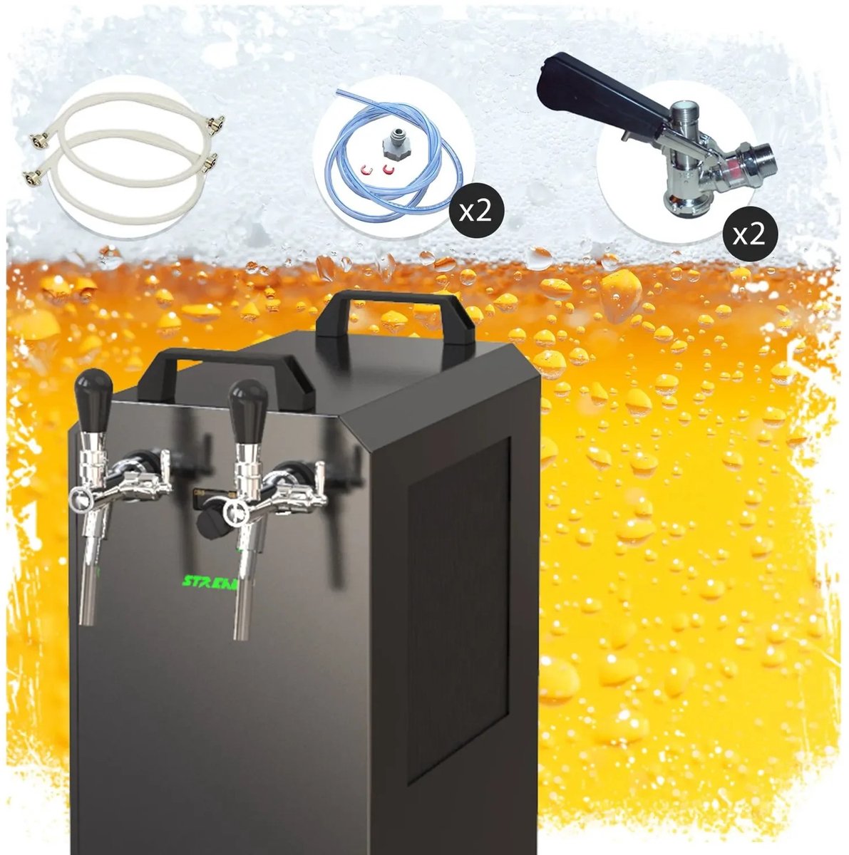 Complete set - Biertap STREAM 80K met luchtpomp bierkist, stromingskoeler 2-lijns droge koeler, KEG: Type S; KEG 2: Type D