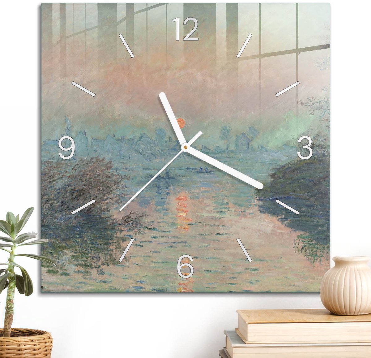 ArtPrintCave Roze Glazen Klok - 30x30 cm - Wandklok Vierkant - Impressionistisch Landschap Stille Wandklok - Kunst Wandklok Keuken - Witte Klokwijzers