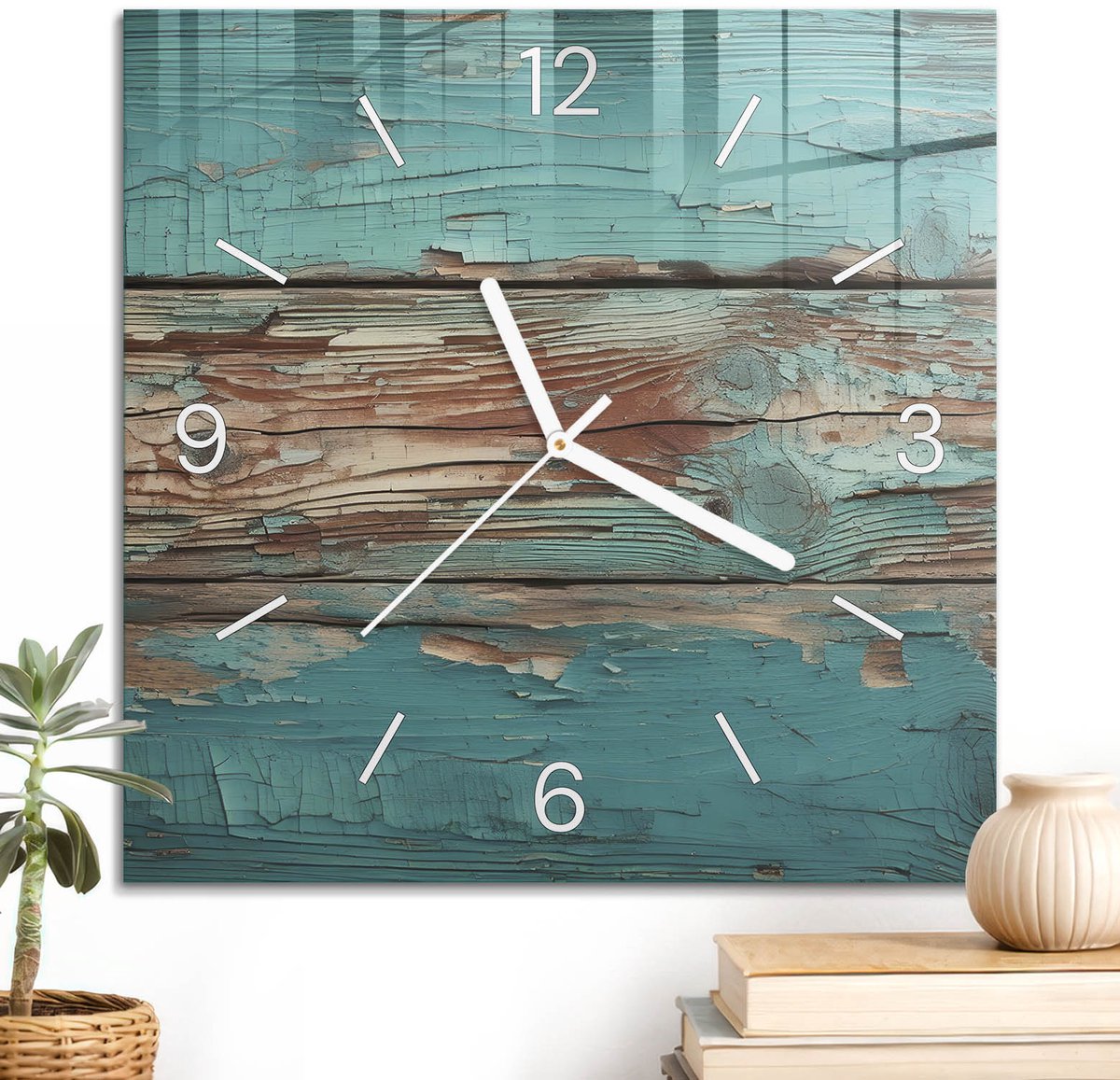 ArtPrintCave Turkoois Glazen Klok - 30x30 cm - Wandklok Vierkant - Rustiek Hout Stille Wandklok - Achtergronden En Patronen Wandklok Keuken - Witte Klokwijzers