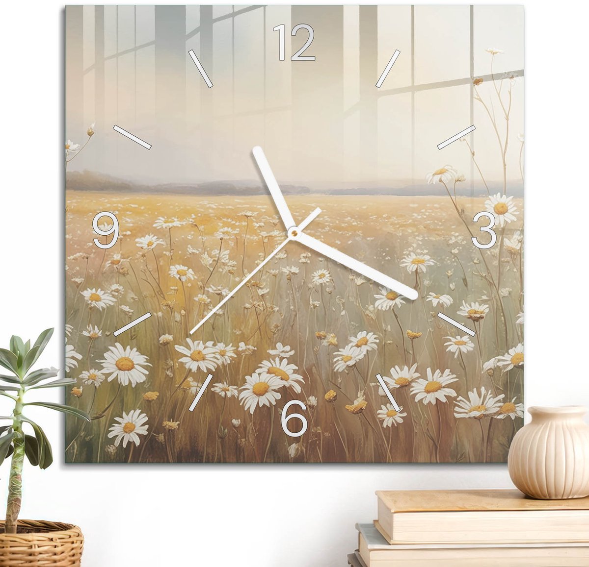 ArtPrintCave Beige Glazen Klok - 30x30 cm - Wandklok Vierkant - Weide Met Madeliefjes Stille Wandklok - Natuur Wandklok Keuken - Witte Klokwijzers
