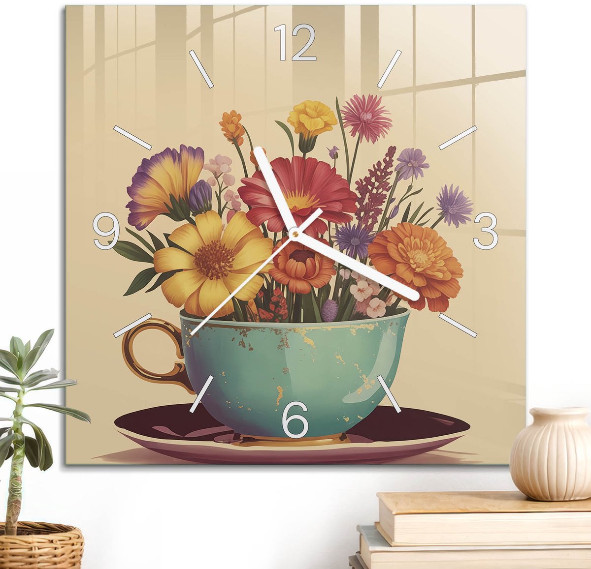 ArtPrintCave Beige Glazen Klok - 30x30 cm - Wandklok Vierkant - Bloemkelk Wandklok Keuken - Kunst Unieke Klok - Witte Klokwijzers