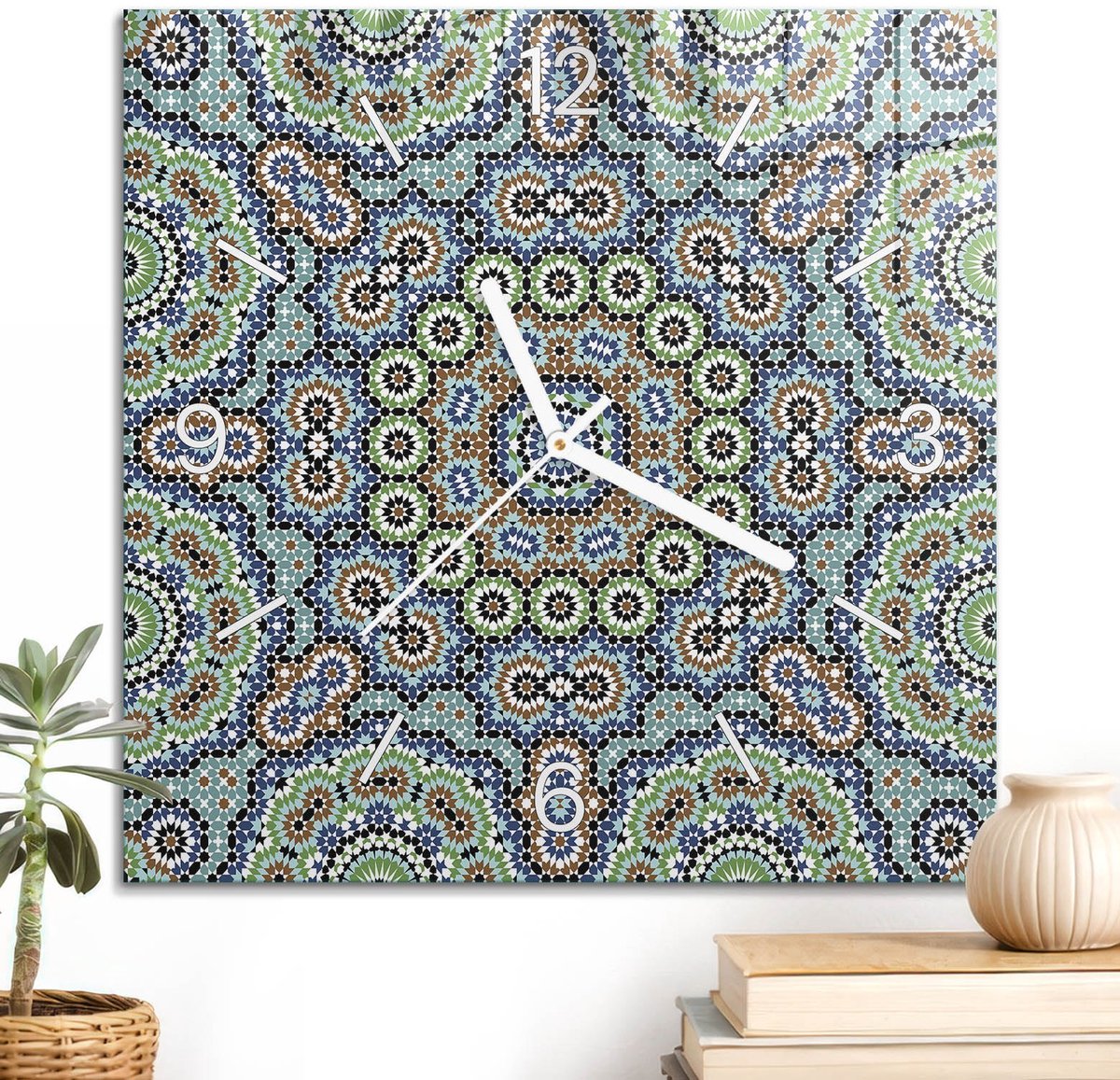 ArtPrintCave Turkoois Glazen Klok - 30x30 cm - Wandklok Vierkant - Kleurrijk Mozaïek Stille Wandklok - Geometrie Wandklok Keuken - Witte Klokwijzers