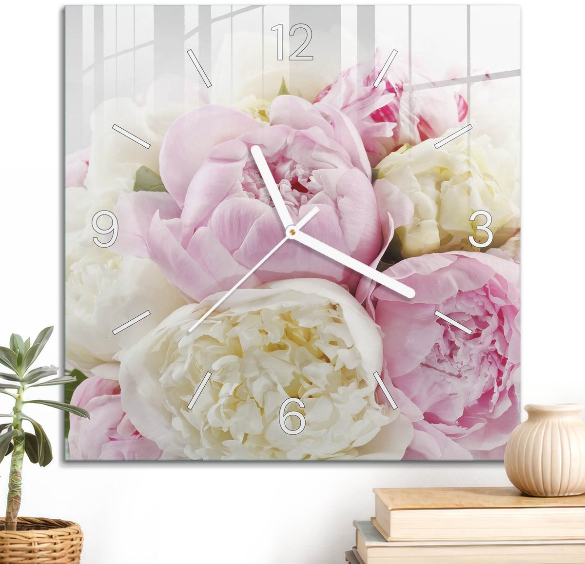 ArtPrintCave Roze Glazen Klok - 30x30 cm - Wandklok Vierkant - Bloemenboeket Unieke Klok - Kunst Stille Wandklok - Witte Klokwijzers
