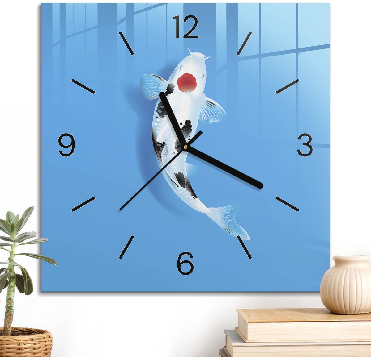 ArtPrintCave Blauw Glazen Klok - 30x30 cm - Wandklok Vierkant - Koi Karper Unieke Klok - Natuur Stille Wandklok - Zwarte Klokwijzers