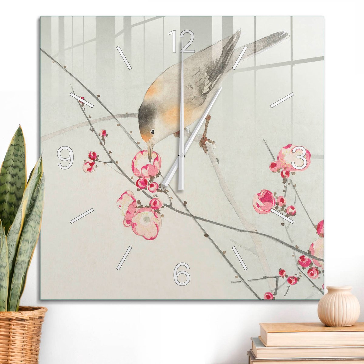 ArtPrintCave Grijs Glazen Klok - 60x60 cm - Wandklok Vierkant - Vogeltak Stille Wandklok - Dieren Wandklok Keuken - Witte Klokwijzers