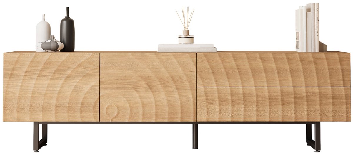 Merax Televisiemeubel - 2 Deuren en 2 Laden - Driedimensionale Golfstructuur - Kabeldoorvoer - Houtkleur - 180 x 38 x 51,5 cm Bruin