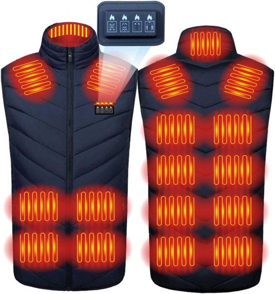 Donkerblauw elektrisch verwarmd vest met 9 verwarmingszones en 3 warmtestanden, getoond met verwarmingsindicator.