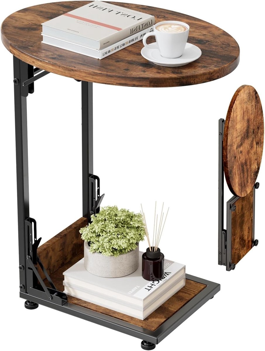 Vellaro Bijzettafel verstelbaar - Bruin en Zwart - 40 x 33 x 64,5 cm - Opvouwbare C-vormige Salontafel met Metalen Frame - Voor Woonkamer en Kantoor