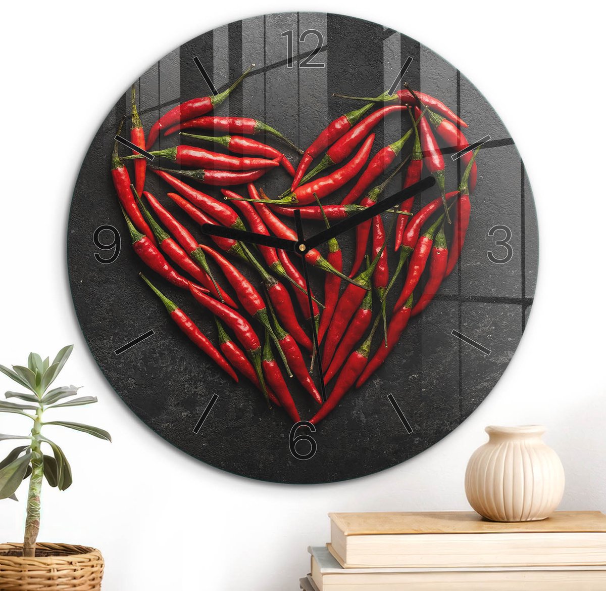 ArtPrintCave Zwart Glazen Klok - Wandklok 30 cm - Muurklok Rond - Chili Hart Stille Wandklok - Kunst Wandklok Keuken - Zwarte Klokwijzers